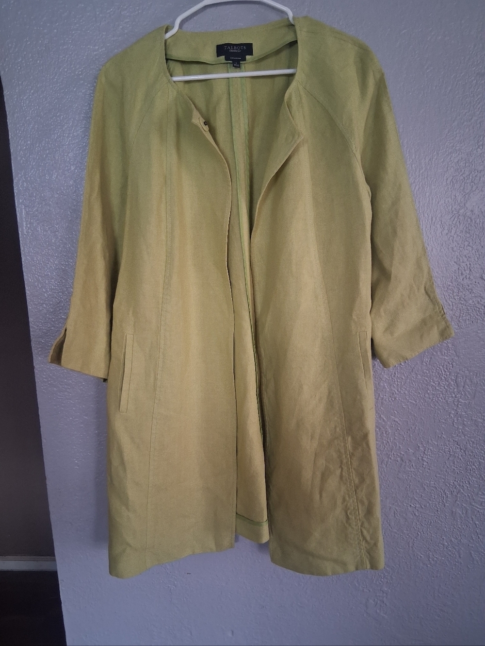 Talbots Pure Irish Linen Chartreuse Long Line 3/4 Sleeve Jacket Lagenlook L